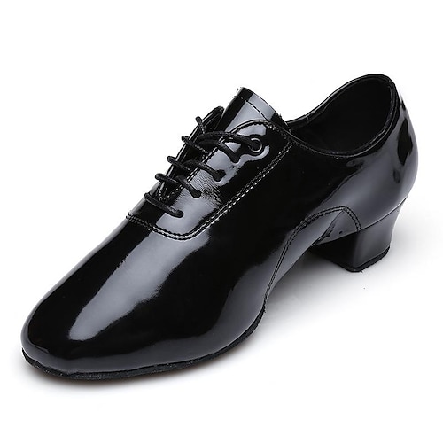 Schwarze Lackleder-Tanzschuhe für Herren mit Schnürung – bequeme Gesellschafts- und Gesellschaftstanzschuhe mit niedrigem Absatz und weicher Wildledersohle Image