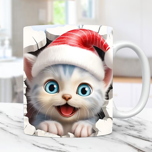 Tasse mit 3D-Druck, Kätzchenloch in einer Wand, Keramik-Kaffeetasse mit Katzenmotiv, 3D-Neuheits-Katzenbecher, Katzenliebhaber-Kaffeetasse, Katzenclub-Tasse, weiße Keramiktasse, Geschenke für Männer und Frauen Image