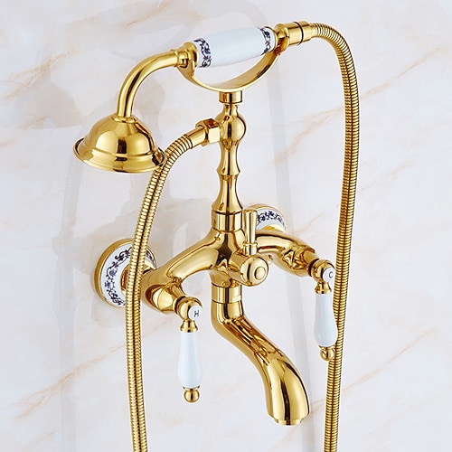 Badewanne Wasserhahn Mischbatterie Telefon Stil Luxus goldene Politur mit Sprüher Handbrause drehen Auslauf Wanne heißes und kaltes Wasser Image