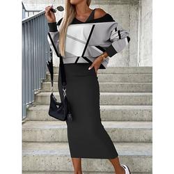 Damen Kleid-Set Casual kleid Rock-Set Etuikleid Modisch Strassenmode Blumen Geometrisch Bedruckt Midikleid Langarm V Ausschnitt Outdoor Urlaub Schwarz Weiß Gelb Herbst Winter Lockere Passform