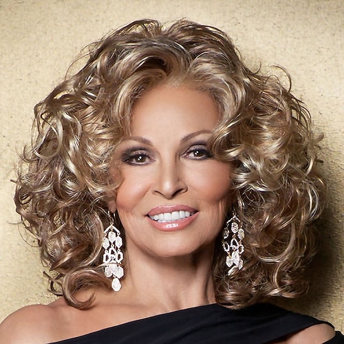 blonde Damenperücken Kunsthaarperücke blond gewellt mittellange Perücken gemischtfarbige Perücken für alte Damen Image