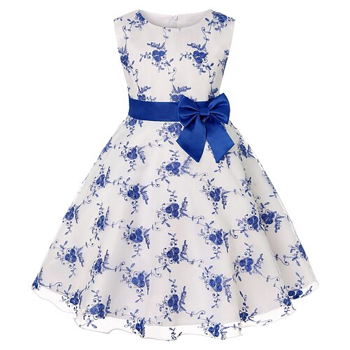 kinderkleidung Mädchen Kleid Blumen Ärmellos Party Bestickt Spitzenbesatz Schleife Kuschelig Baumwolle Knielang Skater-Kleid Sommer 3-10 Jahre Rosa Pudriges Rosa Rote Image