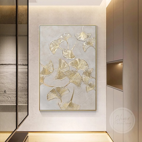 botanisches Ölgemälde Gold Ginkgo Biloba Blatt handgefertigt gemalte Wandkunst auf Leinwand moderne Wohnkultur Geschenk gerollte Leinwand ohne Rahmen ungedehnt Wohnzimmer Image