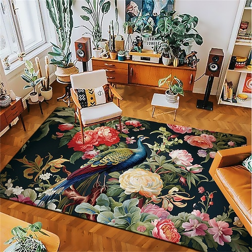 Vintage-Pfau-Teppich, Küchenmatte, rutschfeste, ölbeständige Bodenmatte, Wohnzimmerteppich, Innen- und Außenmatte, Schlafzimmerdekoration, Badezimmermatte, Eingangsteppich, Fußmatte Image