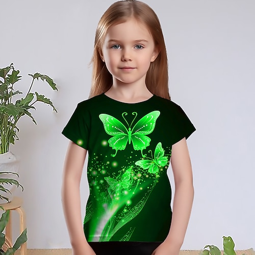 Mädchen 3D Graphic Tier Schmetterling T-Shirt Kurzarm 3D-Druck Sommer Frühling Aktiv Modisch Kuschelig Polyester kinderkleidung 3-12 Jahre Outdoor Casual Täglich Regular Fit Image