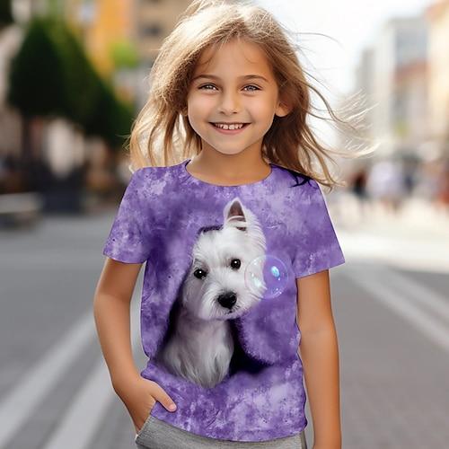 Mädchen T-Shirt mit 3D-Hund, rosa, kurzärmlig, 3D-Druck, Sommer, aktiv, modisch, süß, Polyester, Kinder, 4–12 Jahre, Rundhalsausschnitt, Outdoor, lässig, täglich, normale Passform