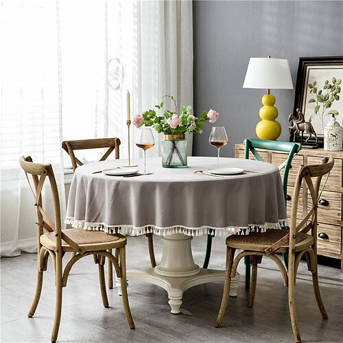 Runde Tischdecke aus rustikalem Stoff mit Quaste, Tischdecken für runde Tische, knitterfrei, schmutzabweisend, Outdoor-Tischdecke für Partyessen, runde Tischdecken Image