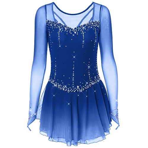 Eiskunstlaufkleid Damen Mädchen Eislaufen Kleider Dunkelgrau Violett Purpur Gitter Elasthan Hochelastisch Ausbildung Praxis Wettbewerb Eiskunstlaufkleidung Handgemacht Klassisch Kristalle Langarm Image