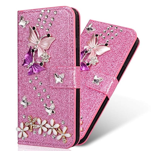 Handy Hülle Handyhüllen Für Samsung Galaxy S26 Ultra Plus S25 S24 S23 S22 S21 FE S21 Ultra Plus S20 A55 5G A35 5G Brieftaschenhülle Strass Magnetisch Glitzer Glanz Schmetterling Glitzernd PU-Leder Image