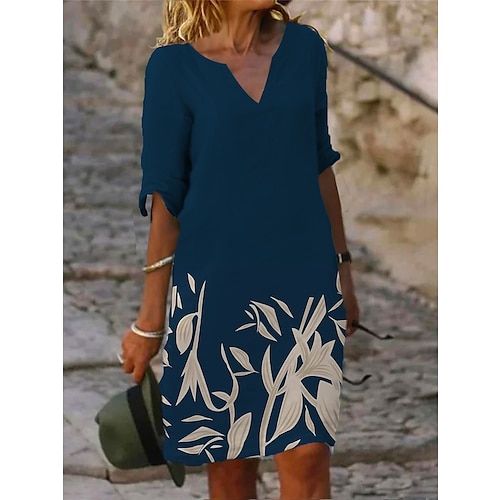 Damen Mini Kleid Petite Kleid T-Shirt Kleid Tee Kleid Shift Kleid Sommerkleid Aktive Mode Streetwear Outdoor Urlaub Arbeit Regular Fit Floral Halbarm Split-Ausschnitt Marineblau Blau Image