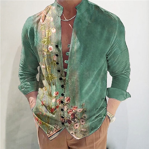 Herren Blumen Hemd Knopfhemd Langarm Mode Streetwear Designer Outdoor Lässig Täglich Sommer Frühling Herbst Stehkragen Druck Hellgrün Blau Grün Grau Image