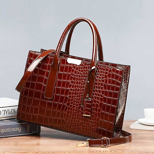 Schwarze Damenhandtasche aus Lackleder mit Krokoprägung und Schultergurt - elegante Bürotasche für formelle Anlässe
