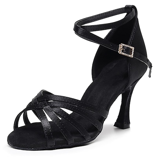 Damen-Latein-Tanzschuhe aus Satin mit Riemchendesign, Strass-Schnalle und weicher Wildledersohle – ideal für Gesellschafts- und Salsa-Auftritte Image