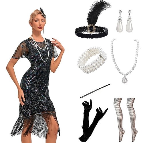 Goldene Zwanziger Vintage inspiriert Der große Gatsby Knielang Kurze Länge Flapper Kleid Outfits Partykostüm Illusionsärmel Kurze Ärmel Der große Gatsby Hochzeitsgast Pailletten Quastenfransen Image
