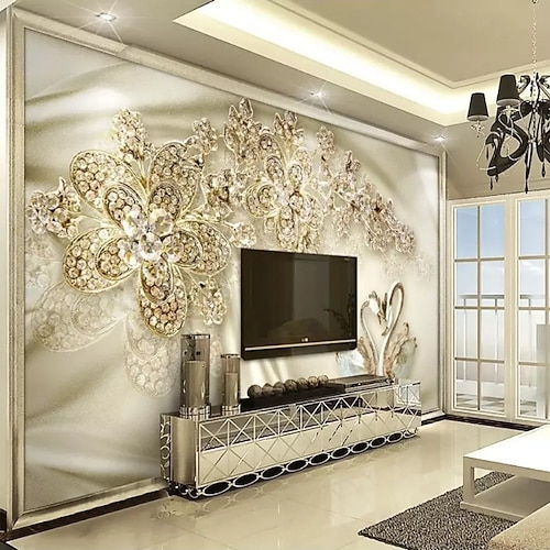 coole Tapeten Wandbild 3D goldene Blumentapete für Wände europäischen Luxus-Stil Diamantkleber erforderlich Leinwand für Wohnzimmer Hotel Hintergrund Wohnkultur Image