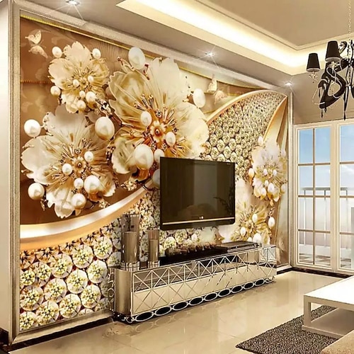 coole Tapeten Wandbild 3D goldene Blumentapete für Wände europäischen Luxus-Stil Diamantkleber erforderlich Leinwand für Wohnzimmer Hotel Hintergrund Wohnkultur Image