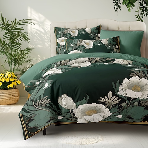Blumenmuster-Bettbezug-Set, Bettdecken-Set, bedruckter Bettdeckenbezug, Baumwoll-Bettwäsche-Sets mit Umschlag-Kissenbezug, Raumdekoration, King-Size-Bettbezug Image