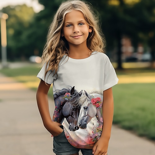 Mädchen 3D Pferd T-Shirt Hemden Kurzarm 3D-Druck Sommer Aktiv Modisch Kuschelig kinderkleidung 3-12 Jahre Rundhalsausschnitt Outdoor Casual Täglich Regular Fit Image