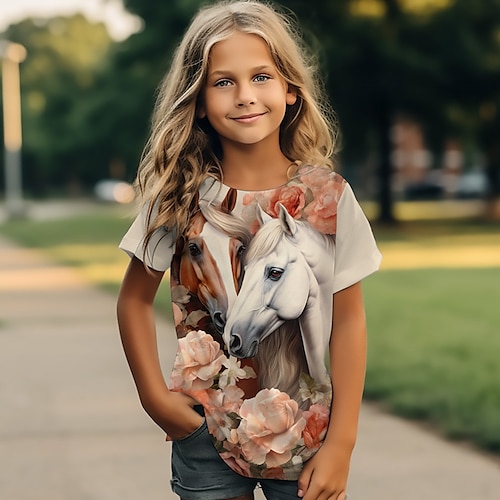 Mädchen 3D Pferd T-Shirt Hemden Kurzarm 3D-Druck Sommer Aktiv Modisch Kuschelig kinderkleidung 3-12 Jahre Rundhalsausschnitt Outdoor Casual Täglich Regular Fit Image
