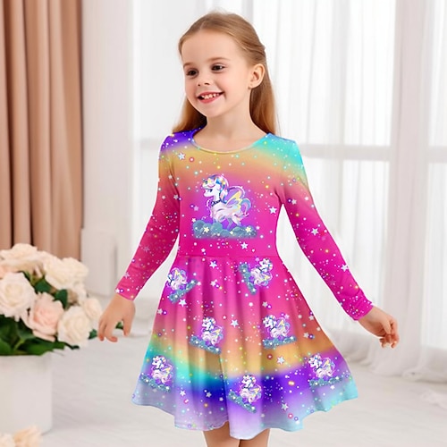 Mädchen' 3D Graphic Karikatur Einhorn Kleid Langarm 3D-Druck Sommer Herbst Urlaub Sport Natur Täglich Kuschelig Brautkleider schlicht Schön kinderkleidung 3-12 Jahre Casual kleid A Linie Kleid Image