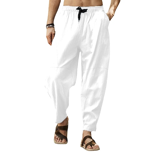Herren Leinenhose Sommerhosen Tasche Kordelzug Glatt Casual Täglich Yoga Baumwollmischung Basic Klassisch Schwarz Weiß Image