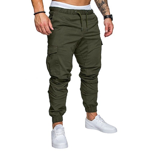 Herren Cargohose Cargohosen Cargohose Freizeithose Kordelzug Multi Pocket Einfarbig In voller Länge Täglich Basic Brautkleider schlicht Schlank Schwarz Weiß Mittlere Taillenlinie Mikro-elastisch Image