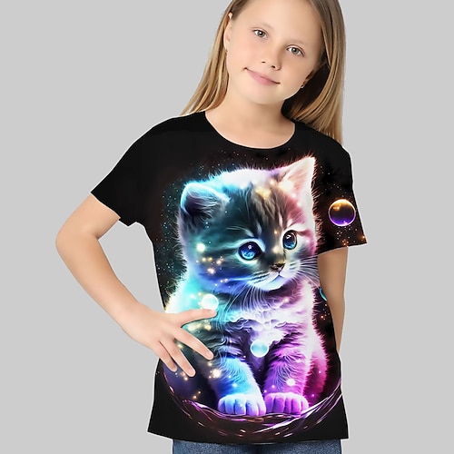 kinderkleidung Mädchen T-Shirt Graphic Outdoor 3D-Druck Kurzarm Rundhalsausschnitt Aktiv 7-13 Jahre Sommer Silber Schwarz Weiß Image