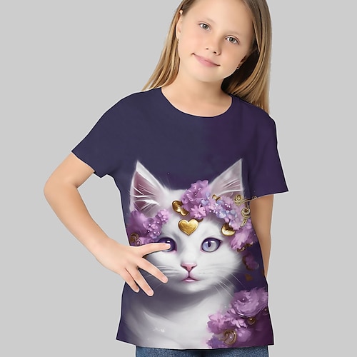 kinderkleidung Mädchen T-Shirt Graphic Outdoor 3D-Druck Kurzarm Rundhalsausschnitt Aktiv 7-13 Jahre Sommer Silber Schwarz Weiß Image