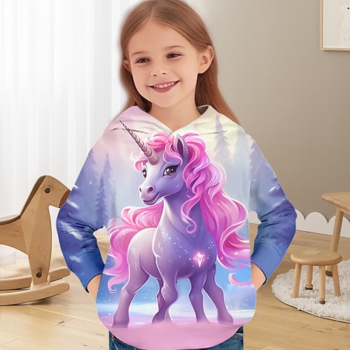 Mädchen 3D Einhorn Kapuzenshirt Pullover Langarm 3D-Druck Herbst Winter Aktiv Modisch Kuschelig kinderkleidung 3-12 Jahre Outdoor Casual Täglich Regular Fit Image