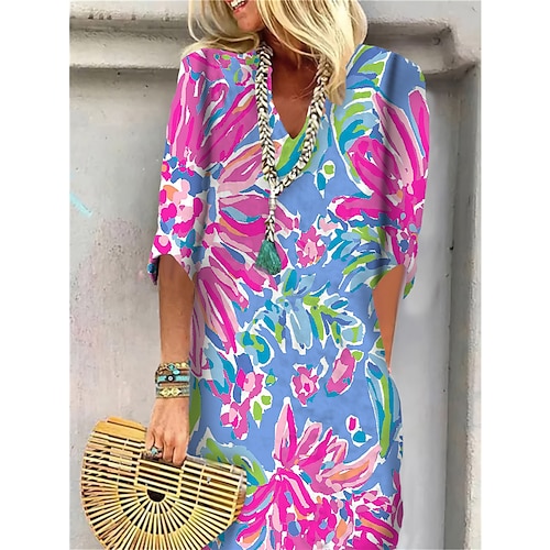 Damen Mini Kleid T-Shirt Kleid Shift Kleid Sommer Kleid Druck Kleid Aktive Mode Streetwear Outdoor Urlaub Arbeit Reguläre Passform Floral Paisley Halbarm V-Ausschnitt Rot Blau Image