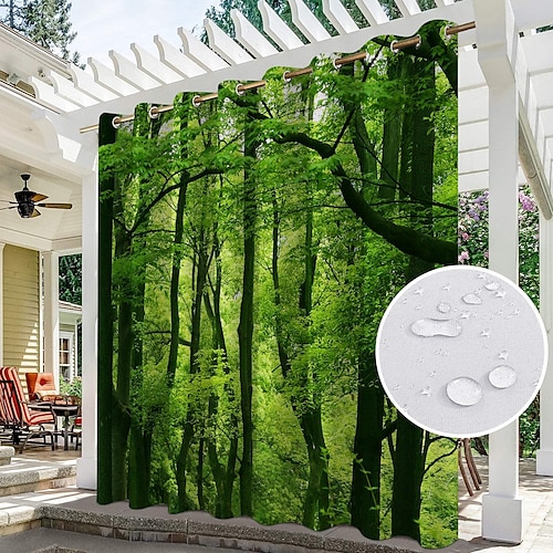 Wasserdichter Outdoor Vorhang Sichtschutzvorhang für den Außenbereich, Schiebevorhänge für die Terrasse, Pergola-Vorhänge mit Ösen, 3D-Waldlandschaft für Pavillon, Balkon, Veranda, Party, 1 Panel Image
