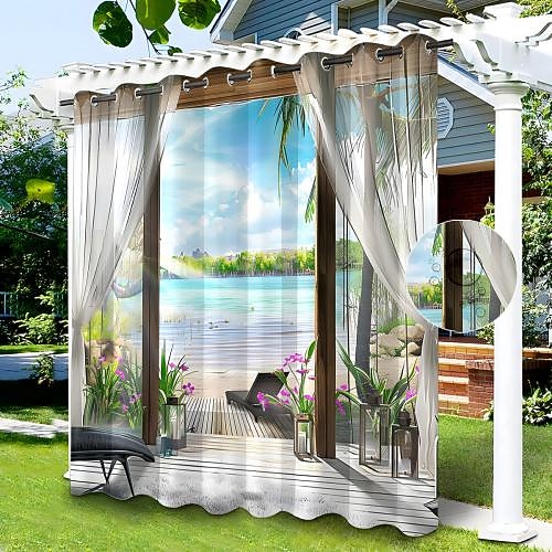 Wasserdichter Outdoor Vorhang Sichtschutzvorhang für den Außenbereich, Schiebevorhänge für die Terrasse, Pergola-Vorhänge mit Ösen, 3D-Waldlandschaft für Pavillon, Balkon, Veranda, Party, 1 Panel Image