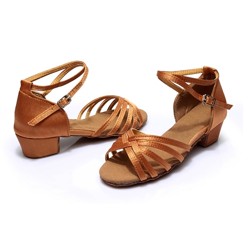 Damen Schuhe für den lateinamerikanischen Tanz Ballsaal Salsa Schuhe Line Dance Innen Praxis Professionell Satin Grundlegend Sandalen Absätze Niedriger Absatz Schnalle Kinder Leopard Aktmalerei