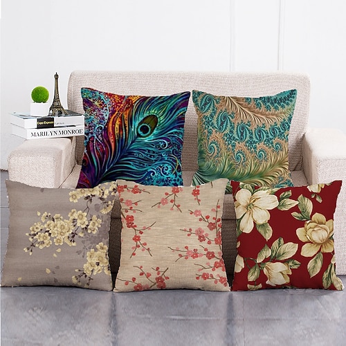 1 Satz von 5 Stück Dekokissenbezüge moderne Ölmalerei Stil Blätter dekorative Dekokissen Kissen für Raumdekor Outdoor / Indoor Kissen für Sofa Couch Bett Stuhl Image