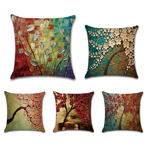 1 Satz von 5 Stück Dekokissenbezüge moderne Ölmalerei Stil Blätter dekorative Dekokissen Kissen für Raumdekor Outdoor / Indoor Kissen für Sofa Couch Bett Stuhl Image