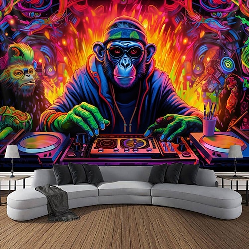 Schwarzlicht-Wandteppich, UV-reaktiv, leuchtet im Dunkeln, DJ, Schimpansen, Tier, trippig, neblige Natur, Landschaft, Glow Party, Wandteppich, Wandbild für Wohnzimmer, Schlafzimmer Image