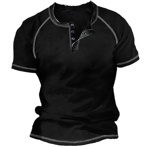 Herren T Shirt Henley Hemd Cooles Hemd Kurze Ärmel Einfach Designer Basic Moderne zeitgenössische Vintage-Stil Henley Urlaub Straße Ausgehen Sommer Wein Schwarz Marinenblau Henley T-Shirt Image