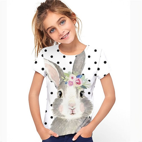 Ostern Mädchen 3D Blumen Tier Hase Kaninchen T-Shirt Kurzarm 3D-Druck Sommer Frühling Aktiv Modisch Kuschelig kinderkleidung 3-12 Jahre Outdoor Täglich Innen Regular Fit Image