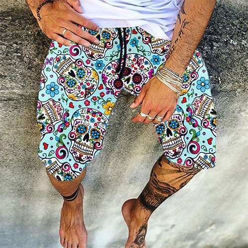 Herren Geometrisch Schädel Gestreift Badehosen Badeshorts Boardshorts Tiefer Bund Lässig Hip-Hop Outdoor Täglich Ferien Druck Gerader Schnitt Designer Bekleidung Image