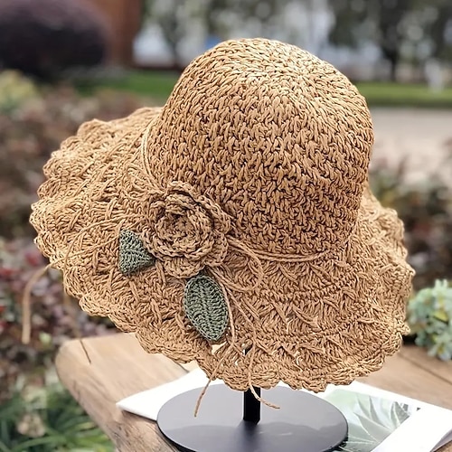 Damen Sonnenhut beige gehäkelt Blumendetail breite Krempe Strand Garten Party elegantes Accessoire Einheitsgröße passt den meisten Frühlings- und Sommerbekleidung Image