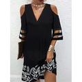 Damen abendkleider Cocktailkleid Kleid für Hochzeitsgäste Gitter Bedruckt V Ausschnitt 3/4 Ärmel Blumen Minikleid kleid hochzeitsgast Geburtstag Elegant Hellgelb Schwarz Sommer Frühling