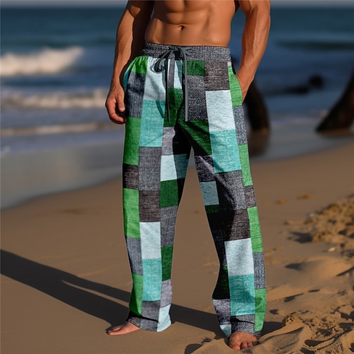 Herren Hose Hosen Sommerhosen Strandhose Kordelzug Elastische Taille 3D-Druck Farbblock Geometrische Muster Grafik-Drucke Komfort Casual Täglich Festtage Strassenmode Hawaiianisch Gelb Hellgrün Image