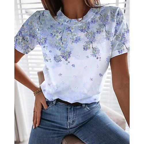 Damen T-Shirt Basic Blumendruck Kurzarm Normal Oberteile Rundhals Alltag Wochenende Blau