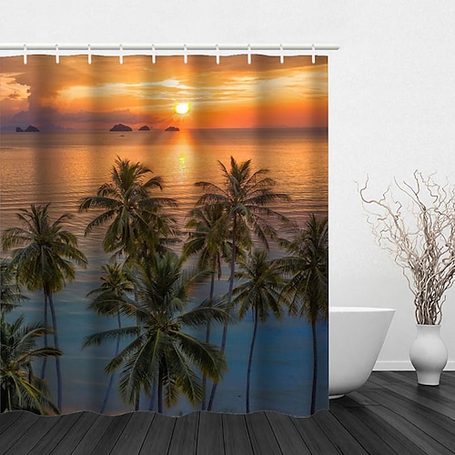 Duschvorhang mit Haken 200 cm hoch duschvorhang waschbar Polyester Wasserfest Sonnenaufgang Sonnenuntergang Meer Küsten Kokosnussbaum Muster Image