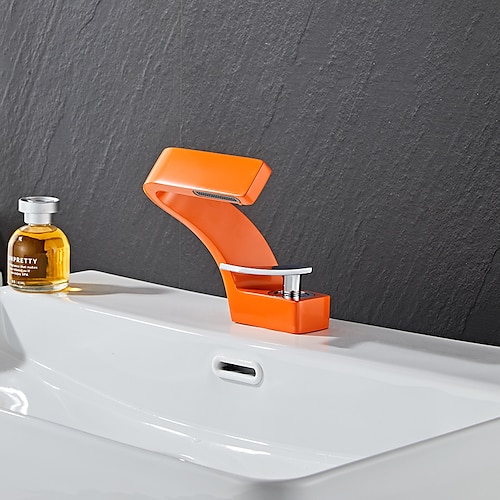 Waschbecken Wasserhahn Einhand-Einloch-Wasserfall-Mischbatterien Messing, 7-förmige Biegung Gefäßhahn Chrom Nickel gebürstet Schwarzgold Image