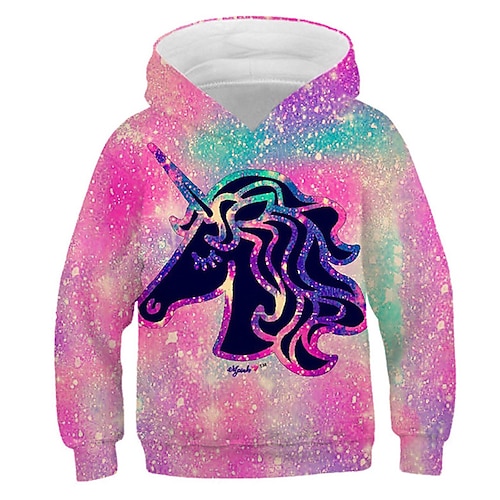 Mädchen 3D Tier Einhorn Kapuzenshirt Langarm 3D-Druck Frühling Herbst Winter Modisch Strassenmode bezaubernd kinderkleidung 3-12 Jahre Outdoor Täglich Innen Regular Fit Image
