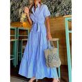 Damen Hemdkleid Freizeitkleid Streifen Schnürung Rüschen Hemdkragen Langes Kleid Maxikleid Urlaub Kurzarm Sommer Frühling