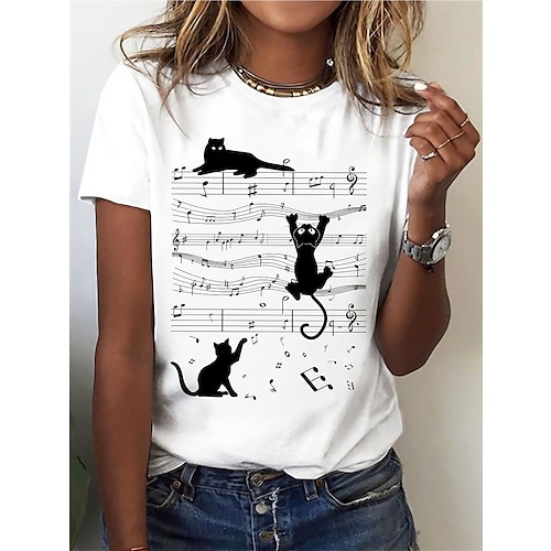 Damen T-Shirt Basic Katzen-Print Kurzarm Normale Oberteile Rundhalsausschnitt Alltag Wochenende Weiß Image