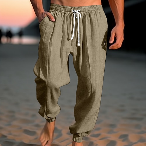 Herren Leinenhosen Hose Sommerhose Strandhose Kordelzug Elastischer Bund Einfach Komfort Atmungsaktiv Lässig Täglich Ferien Mode Klassicher Stil Armeegrün Marineblau Image