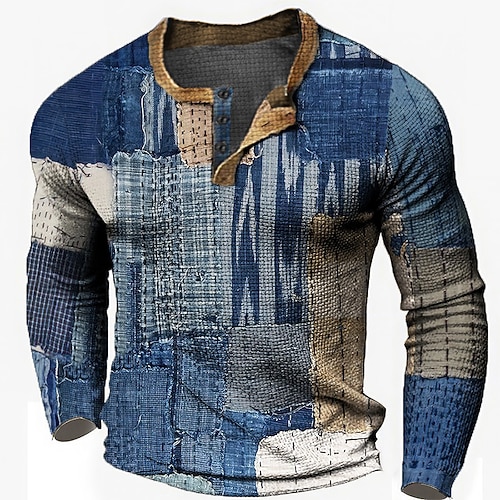 Herren Grafik Karomuster Henley Hemd Waffel-T-Shirt Langarm 3D-Druck Designer Lässig Vintage-Retro Sport im Freien Ferien Festival Frühling Herbst Blau Hellblau Marineblau Königliches Blau Image